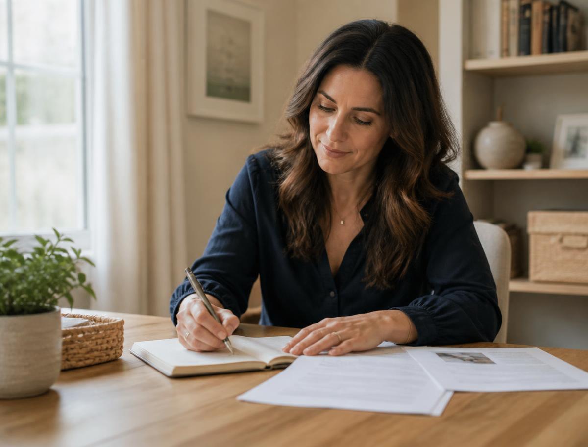 A woman writing notes at a sunlit desk beside printed pages
