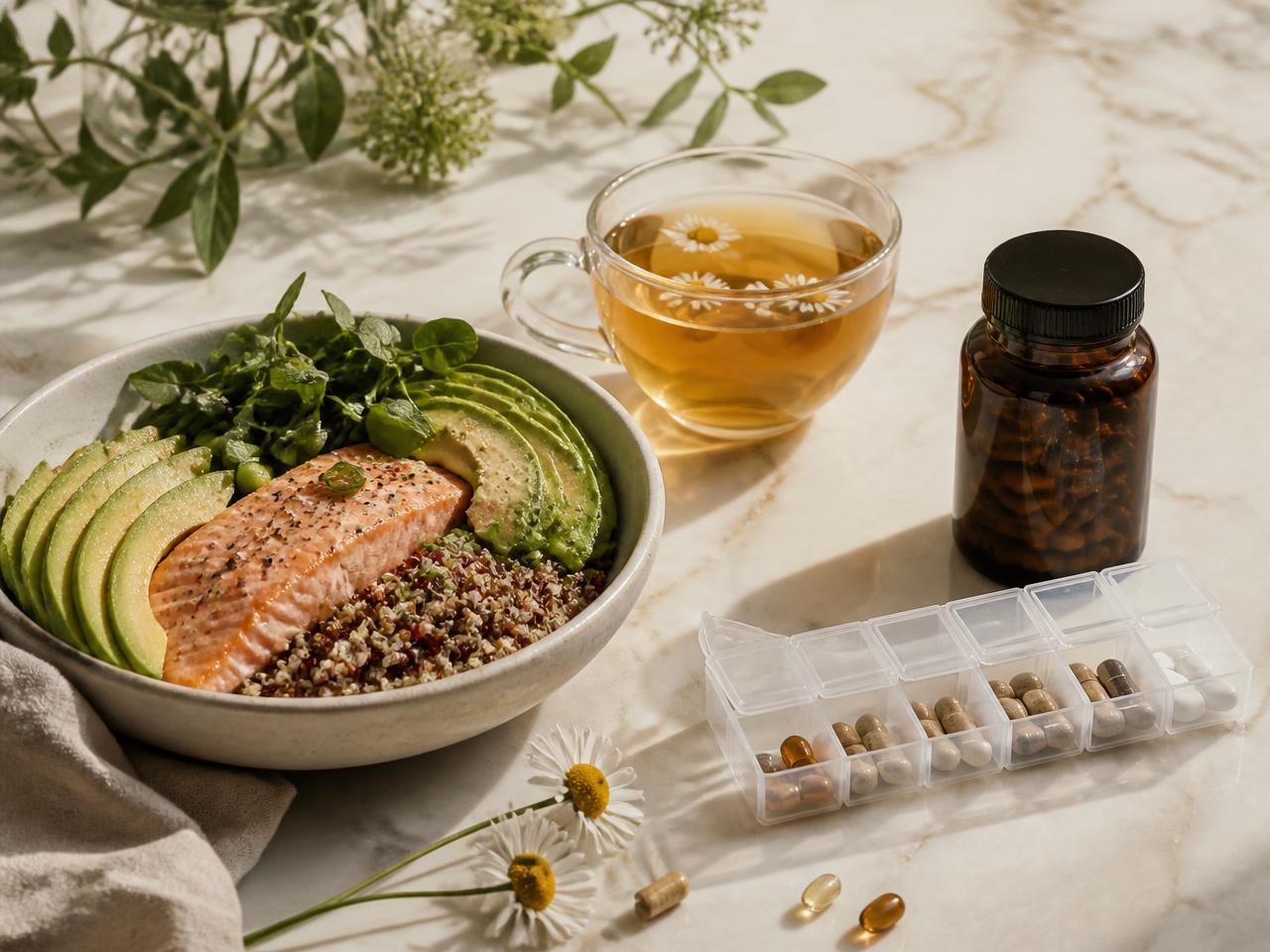 A nourishing meal, herbal tea, supplement bottle and weekly medication organiser on a sunlit table
