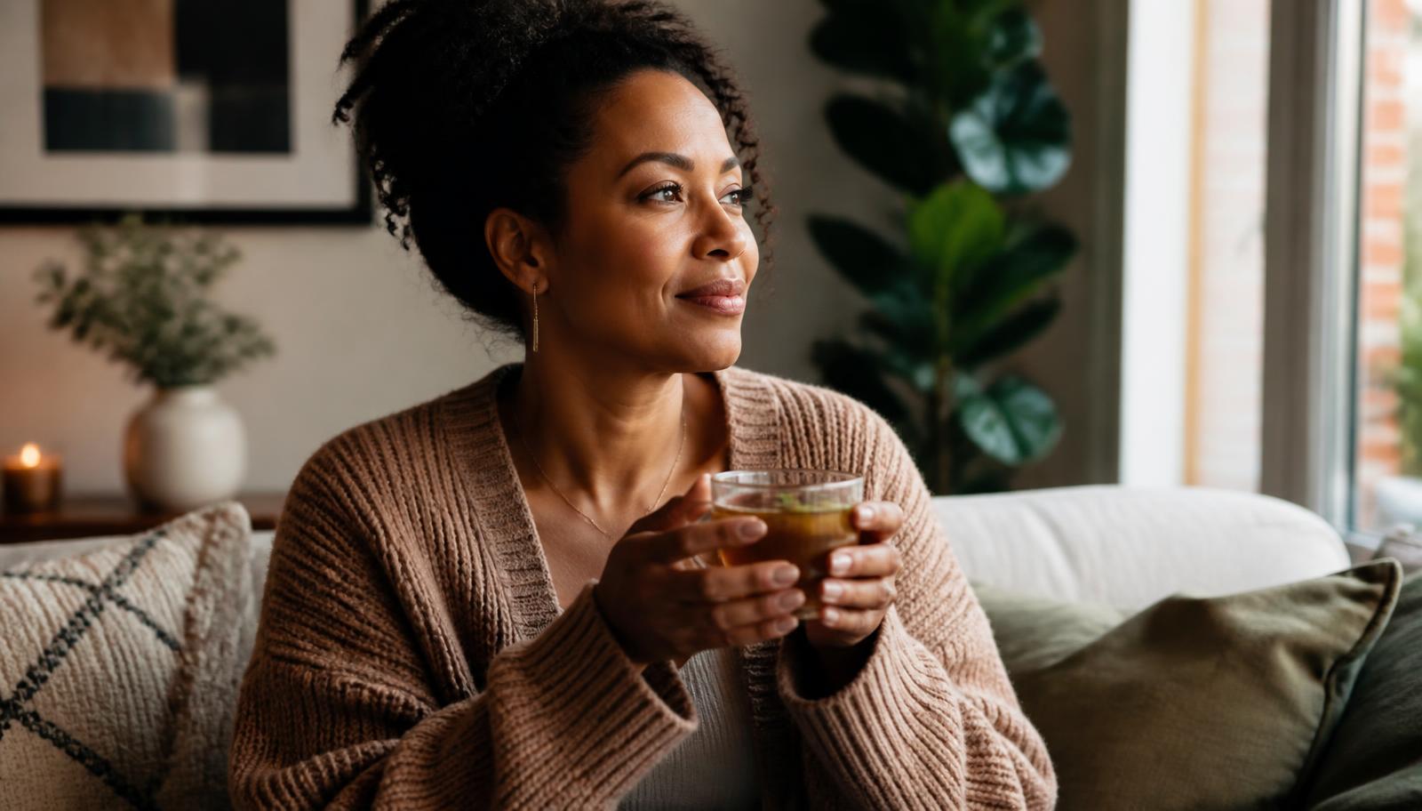 A woman at home holding a cup of herbal tea, looking reflective