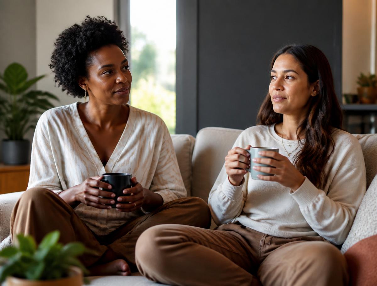 Two women sitting together in a relaxed living room, holding mugs and talking